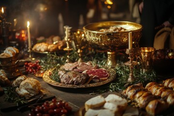 Medieval Feast A Lavish Table of Roasted Meats, Breads, and Golden Accoutrements
