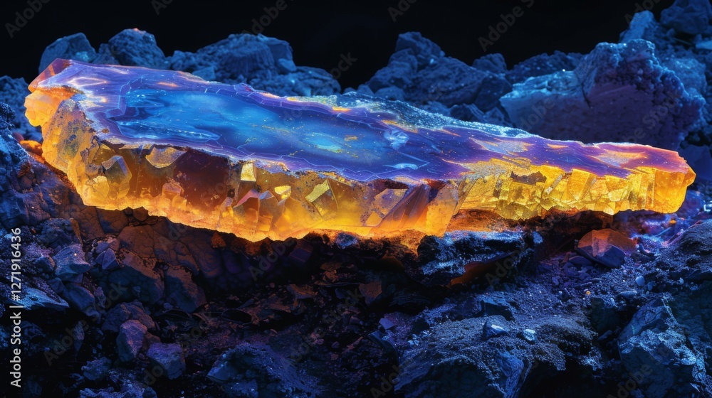 Aufkleber an orange and blue agate stone glows brightly on a rocky surface, revealing fascinating mineral patt