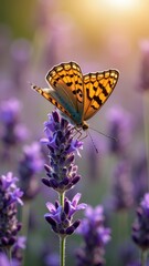 Naklejka premium Vibrant orange butterfly on purple lavenders in sunlit garden