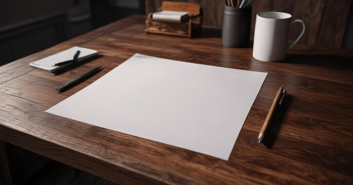 Dark wooden desk with a blank sheet of paper on it, focus, creative space, desk