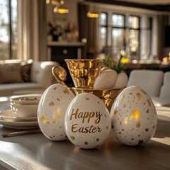 Kolekcja pomalowanych jajek wielkanocnych złotą farbą, napis Happy Easter © Silent26