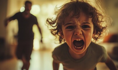 Child crying and screaming in distress home emotional scene indoor setting close-up view