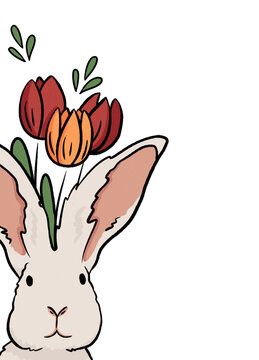 recommend clip art: cute cartoon bunny easter rabbit with tulips. Illustration of a cute rabbit, on a white background. easter, spring illustration