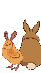 Illustration of a cute yellow chicken chick and a easter bunny rabbit on a white background. summer, greenery, easter, spring