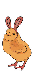 easter cute cartoon yellow chick chickens with rabbit ears on a white background. spring illustration, greenery