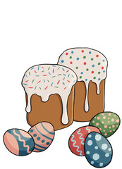 Easter cakes and painted eggs on a white background. easter, spring illustration. Ukrainian Easter bread Paska, Ukrainian Easter eggs pysanky