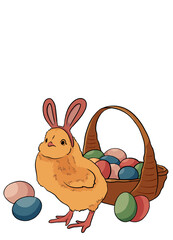 Easter card with chicken with rabbit ears and basket of eggs. illustration on a white background. summer, greenery, easter, spring