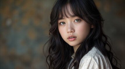 Naklejka premium Portrait of a young Asian American girl with long, dark hair past her shoulers. Wearing a white top. Copy space. Looking directly at the camera.
