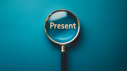 Magnifying glass with "Present" word on teal background.
