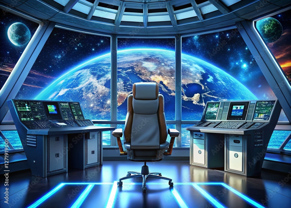 Poster futuristic spaceship bridge: earth view from rotating command chair