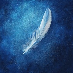 Single white feather floating on a dreamy blue textured background