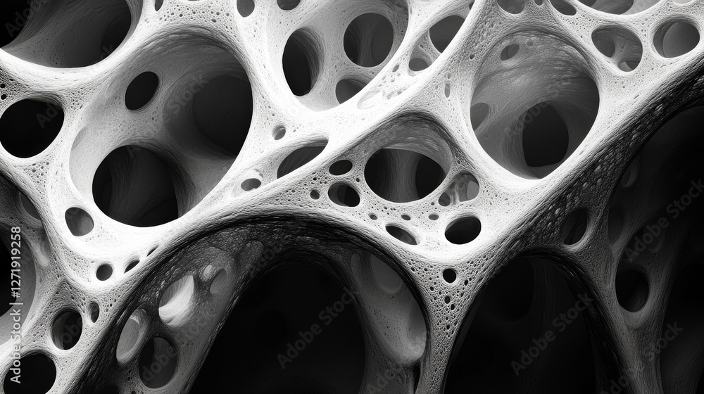 Poster abstract cellular structure with various sized perforations in grayscale