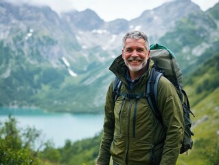 Naklejka premium Hiking Adventurer in Alpine Landscape