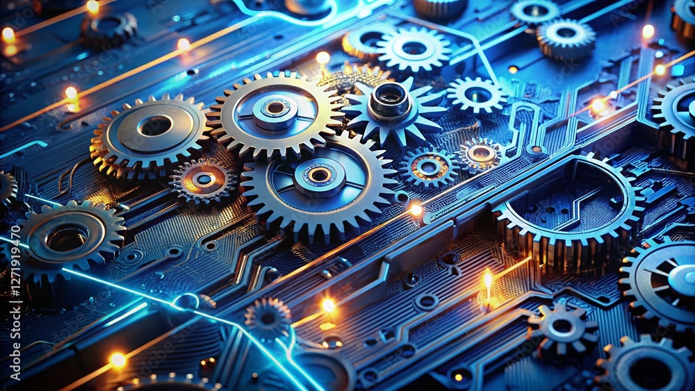 Poster futuristic tech double exposure: circuitry overlapping mechanical gears