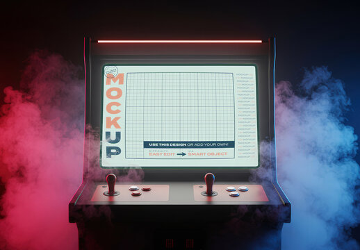 Retro Arcade Machine Old Style Video Games Screen Mockup with Smoke