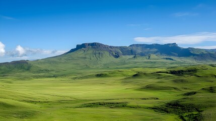 Vast Green Grassland with a Majestic Plateau under a Bright Blue Sky