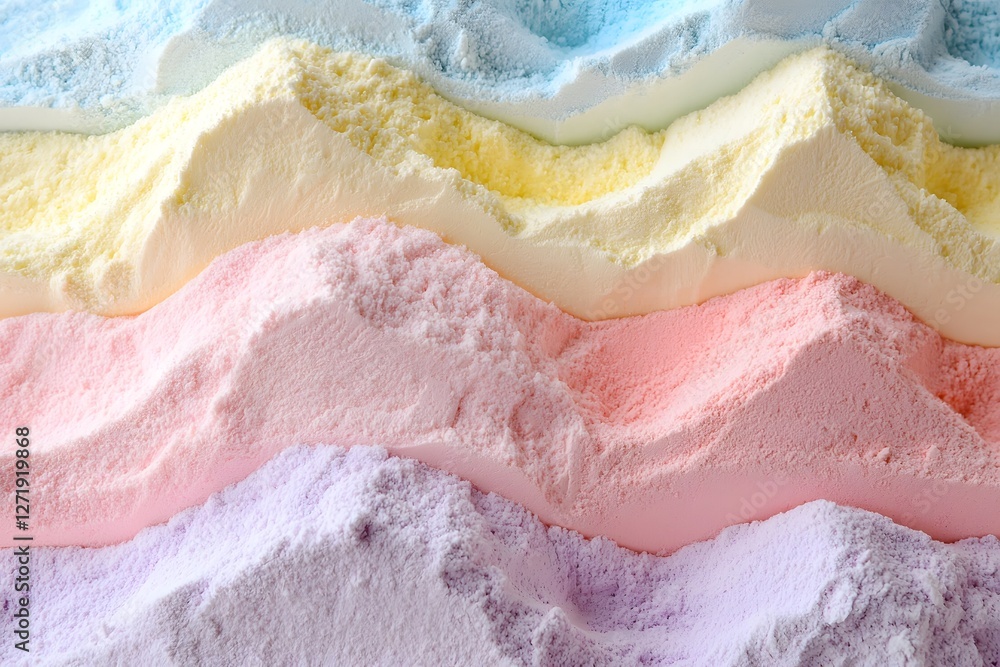 Poster a symphony of colors: a close-up view showcasing vibrant pastel-colored powders arranged in wavy lay