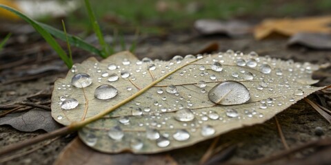 Droplets of water forming a small rounded pool on a fallen leaf, water droplet, foliage, rounded shape, pool