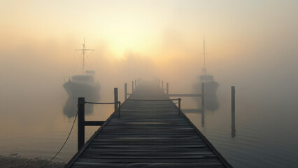 early morning fishing pier at Manconar with misty sea fog and boats moored in the background,  wooden boards,  sea,  fog