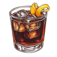 A glass of cold, dark brown drink with ice cubes and a citrus peel garnish, crafted in a cut-out style, transparent background, PNG