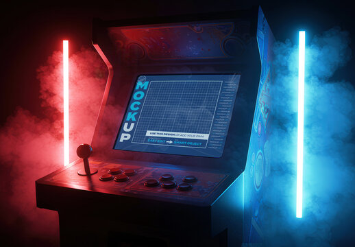 Retro Arcade Machine Old Style Video Games wiht Smoke Screen Mockup