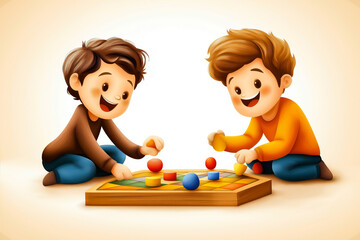 Naklejka premium A vibrant cartoon-style illustration of two happy kids playing a colorful board game, laughing and enjoying their time together in a warm and cheerful atmosphere