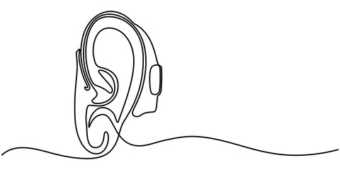 Hearing aid continuous one line drawing. Hearing device single line illustration. International week of the deaf minimalist design poster vector, Hearing device with sound waves minimal single line. 