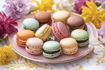 A colorful arrangement of macarons on a decorative pink plate, surrounded by vibrant flowers, creating a charming and festive scene, perfect for celebrations.