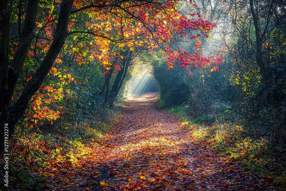 Poster a mesmerizing autumn pathway with fallen leaves and sunlight streaming through trees, creating a ser