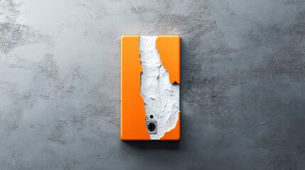 Close-up view of a textured smartphone case with an orange and white peeling design against a rustic gray background