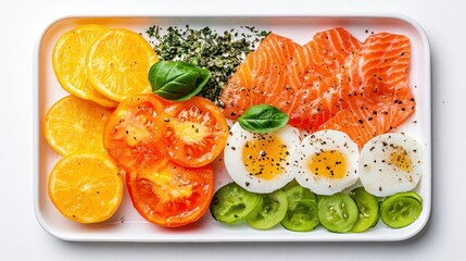 A vibrant arrangement of fresh salmon, citrus fruits, and assorted vegetables on a white platter showcasing healthy eating