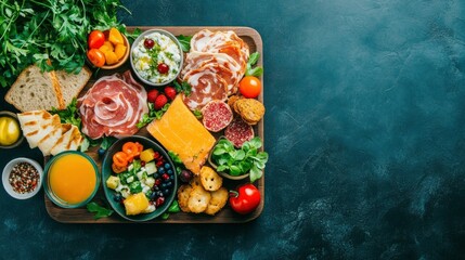 A vibrant charcuterie board featuring assorted meats, cheeses, and fresh fruits against a dark background