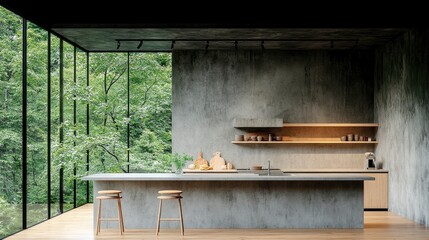 Modern minimalist kitchen design featuring a spacious layout, natural elements, and a stunning view of greenery through large windows