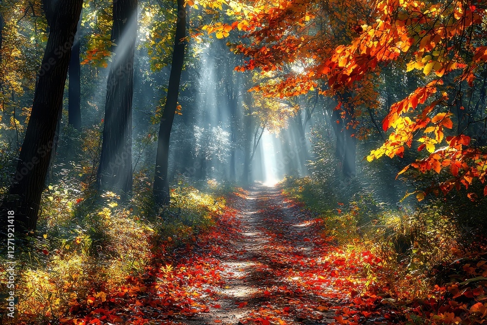 Aufkleber a mesmerizing autumn forest scene with sunbeams filtering through the trees, illuminating a pathway 