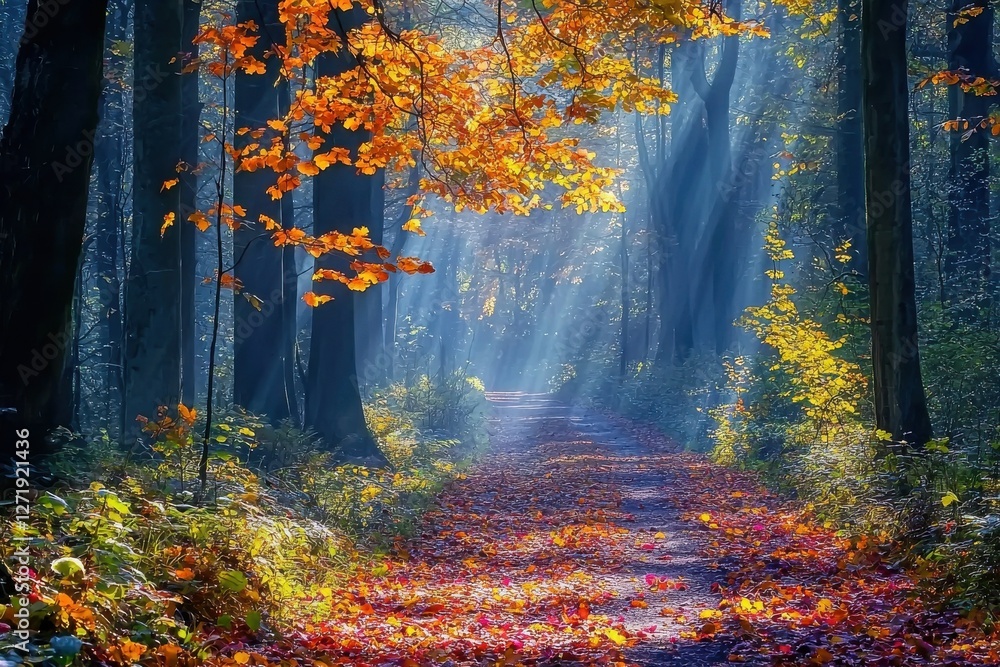 Aufkleber a mesmerizing view of sunlight streaming through autumn leaves in a dense forest, illuminating a tra