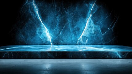 Contemporary abstract backdrop featuring a luminous blue marble-like surface and striking cracked stone wall