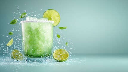 Refreshing green beverage with ice, mint leaves, and lime slices splashing in a serene setting