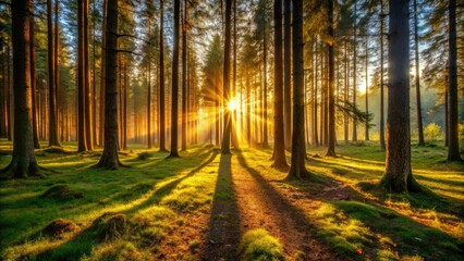 Obraz premium Evening in the forest with warm golden light casting long shadows across the forest floor and trees, evening, sunset, undergrowth, golden hour