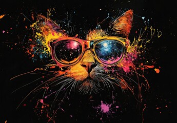 Fototapeta premium A digital artwork of an abstract, cool cat wearing sunglasses with the universe inside them