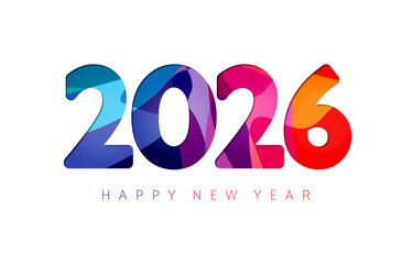Happy New Year 2026 greeting card concept in minimalist style. Colorful elements. 3D cut paper graphic design. Cover template. Fiscal year 2026 business symbol. Internet number icon. Isolated sign.
