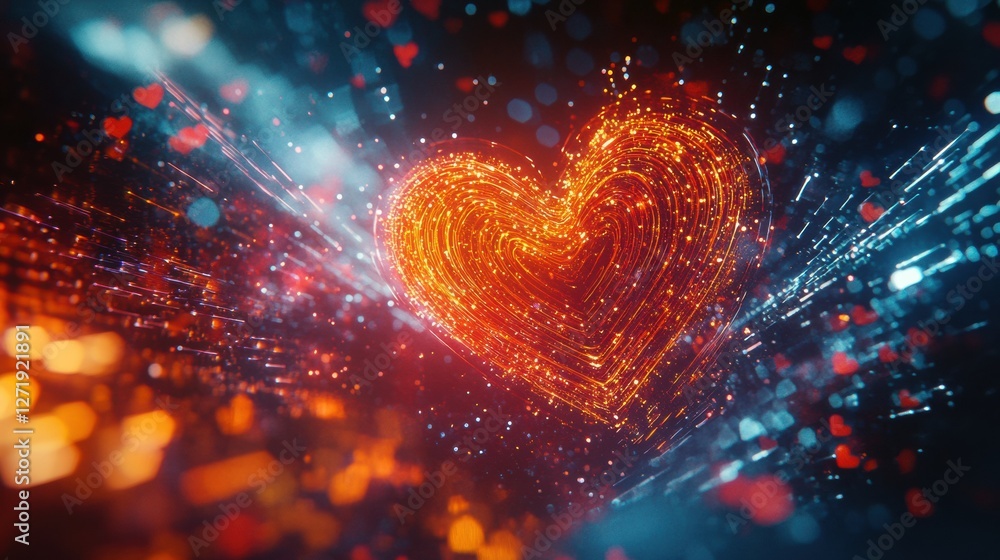 Aufkleber bright glowing heart shape surrounded by colorful light particles in a digital abstract background. 