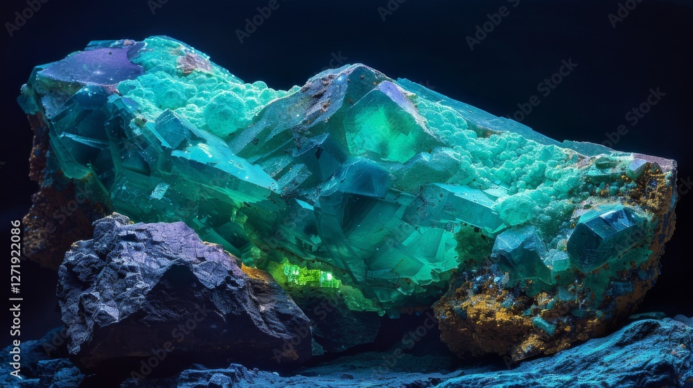 Poster This striking mineral specimen displays an array of colorful crystals, showcasing a fascinating blend of shapes and textures against a dark backdrop, revealing its natural beauty.