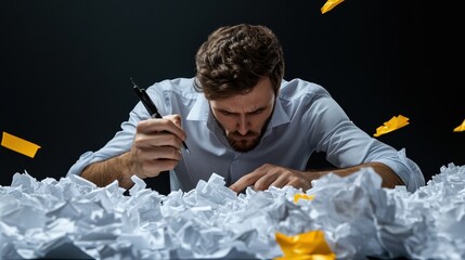 A man is writing on a piece of paper that is covered in other pieces of paper