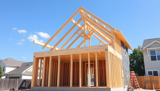 New house construction in residential neighborhood, job site detail, first floor interior wood framing installed, looking up at wood truss support beams for second floor, summer day on job site, vec