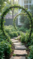 Naklejka premium Tranquil garden pathway with leafy arched trellis on sunny day
