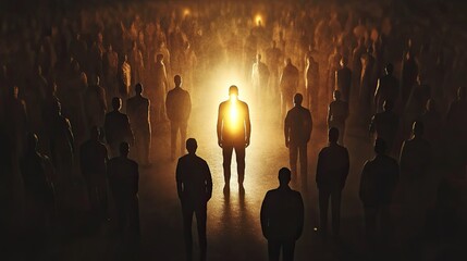 A glowing figure in a dark crowd, symbolizing inner light and confidence.