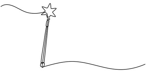 continuous line drawing of magic wand with star head.one line drawing of magic wand for carnival event.single line vector illustration.isolated white background, Magic Wand Icon Flat Design, minimal. 