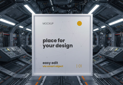Square Frame Poster Mockup inside Space Craft Futuristic