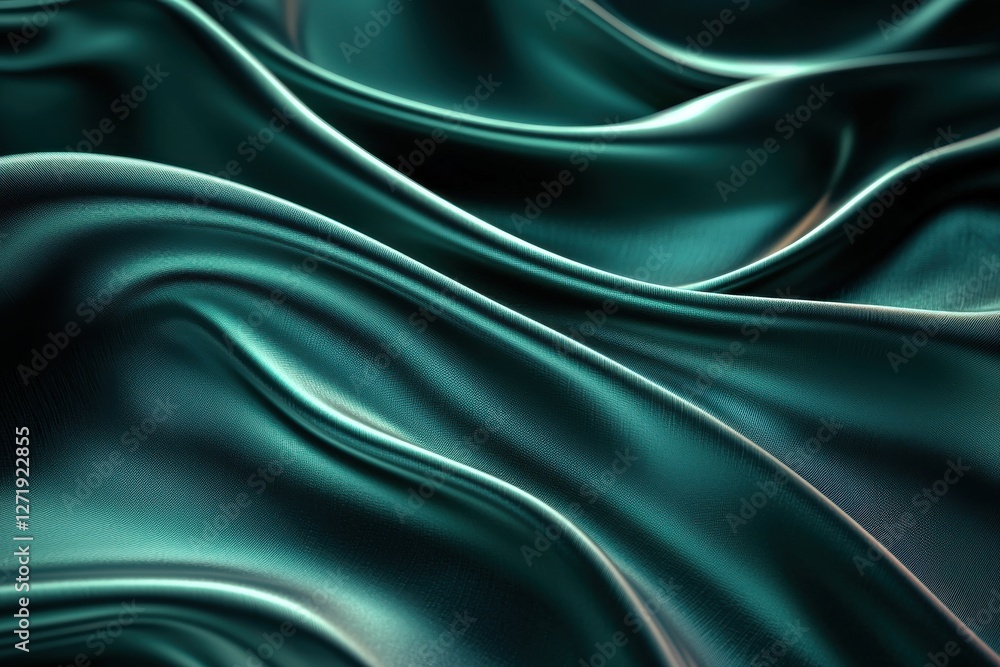 Poster a detailed view of flowing teal satin, highlighting the interplay of light and shadow across its smo