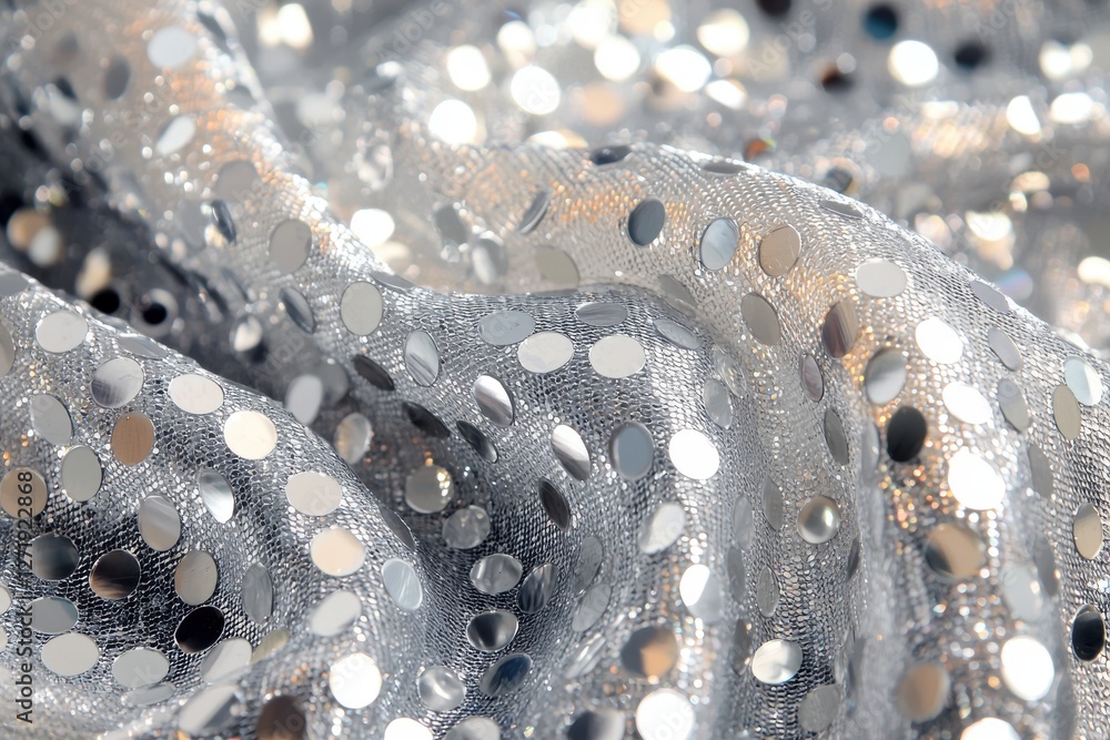 Poster close-up of shimmering silver fabric with sequins, creating a luxurious and festive texture, ideal f
